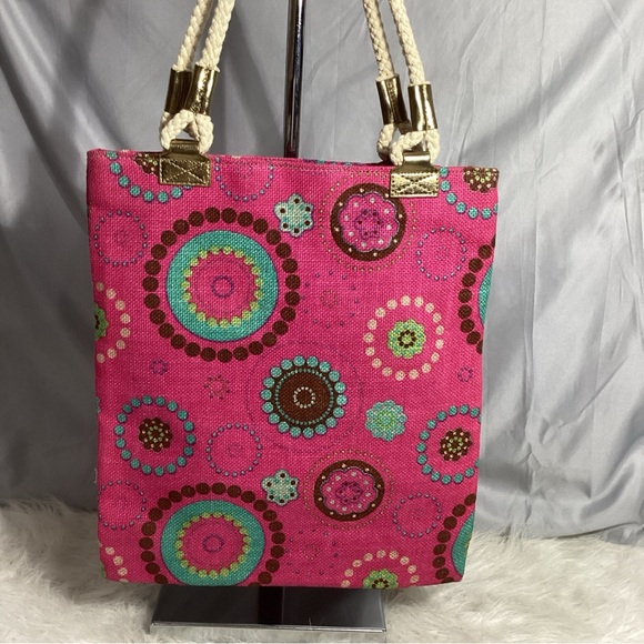 Old Navy Pink BOHO Sequin Circles Tote Bag with Rope Handles NWOT - Picture 3 of 11